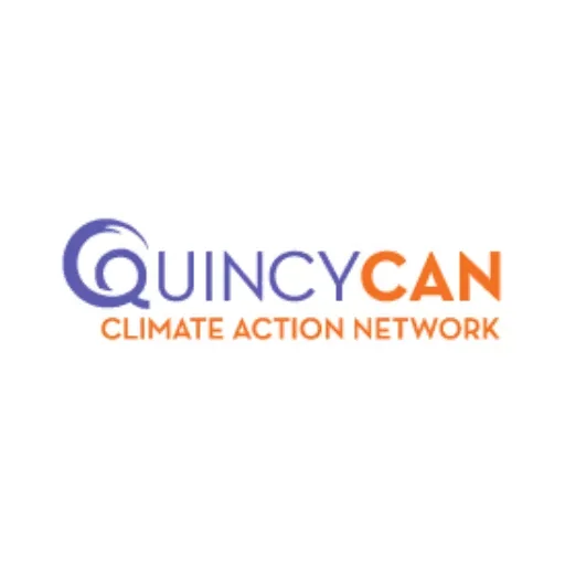 Logo of Quincy CAN Climate Action Network with a purple swirl and orange text.