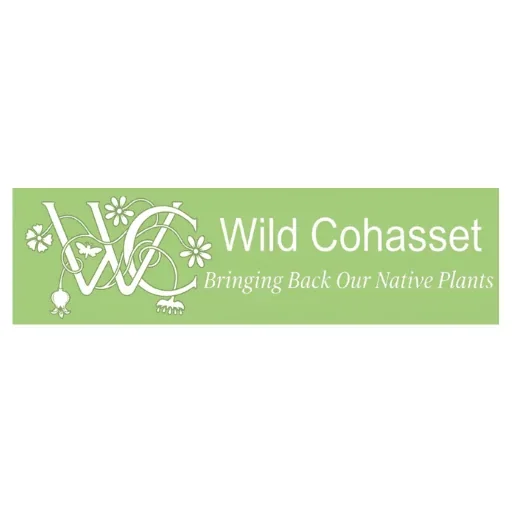 Logo for Wild Cohasset with green background, featuring white floral and plant graphics, and tagline 'Bringing Back Our Native Plants'