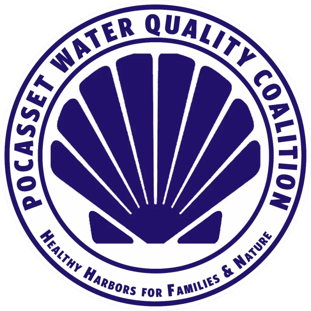 Seal for Poocaisse Water Quality Certification featuring a stylized shell design in blue and white, with the text "Poocaisse Water Quality Certification" and "Healthy Harbors for Families & Nature."