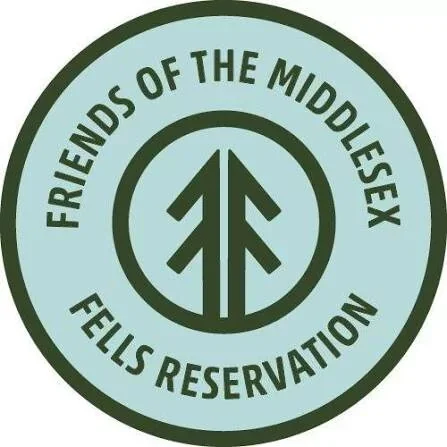 Logo for Friends of the Middlesex Fells Reservation, featuring a circle with a stylized tree or arrow symbol in the center, and the text around it.
