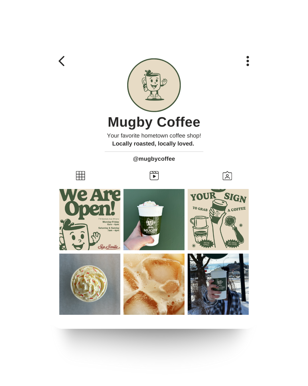 Instagram profile of Mugby Coffee with logo, a hand holding a coffee drink, promotional signs, a cup of whipped coffee, iced coffee, and a person holding a coffee outside.
