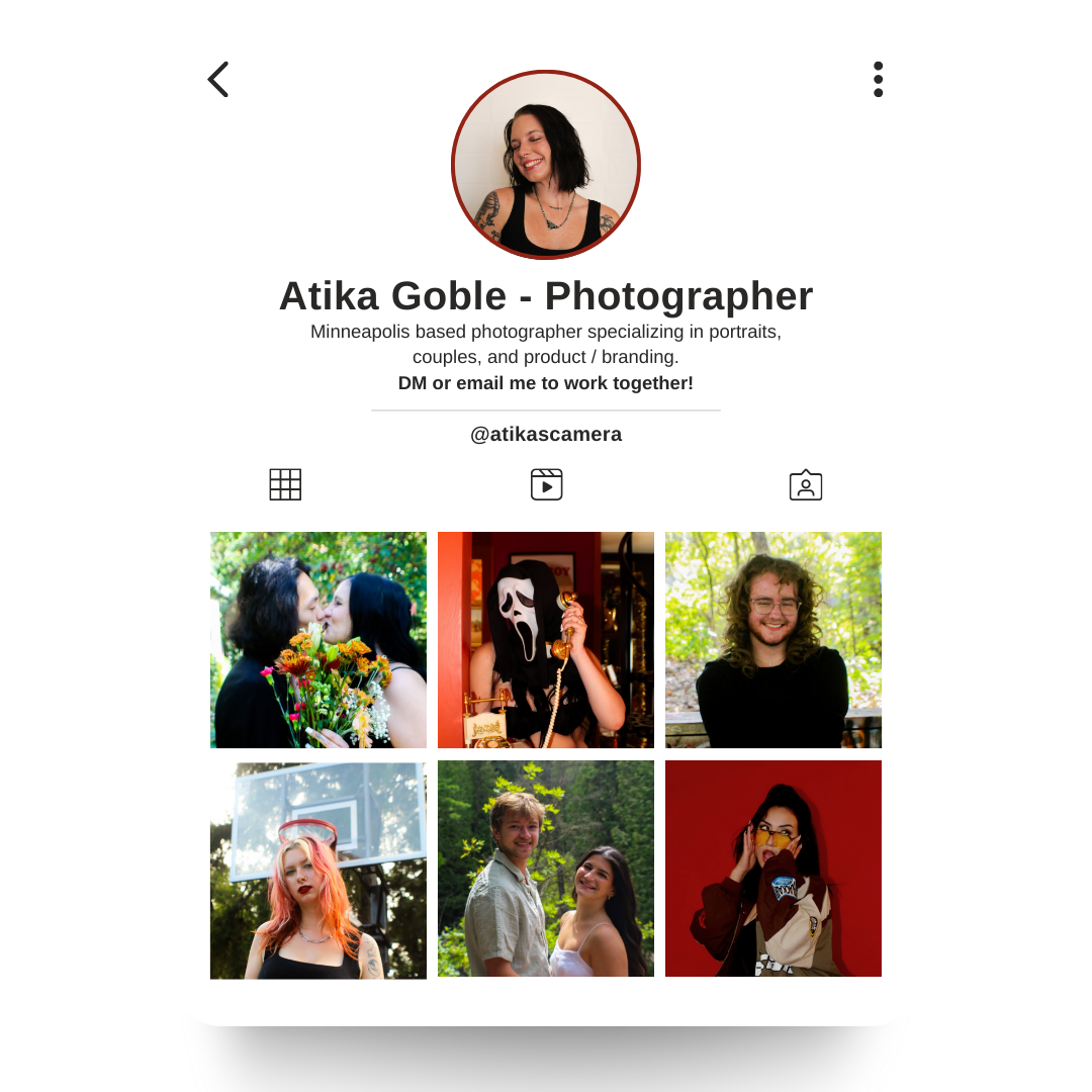 Instagram profile overview for photographer Atika Goble, including a profile picture, bio, contact info, and a grid of six sample photos with diverse subjects and backgrounds.