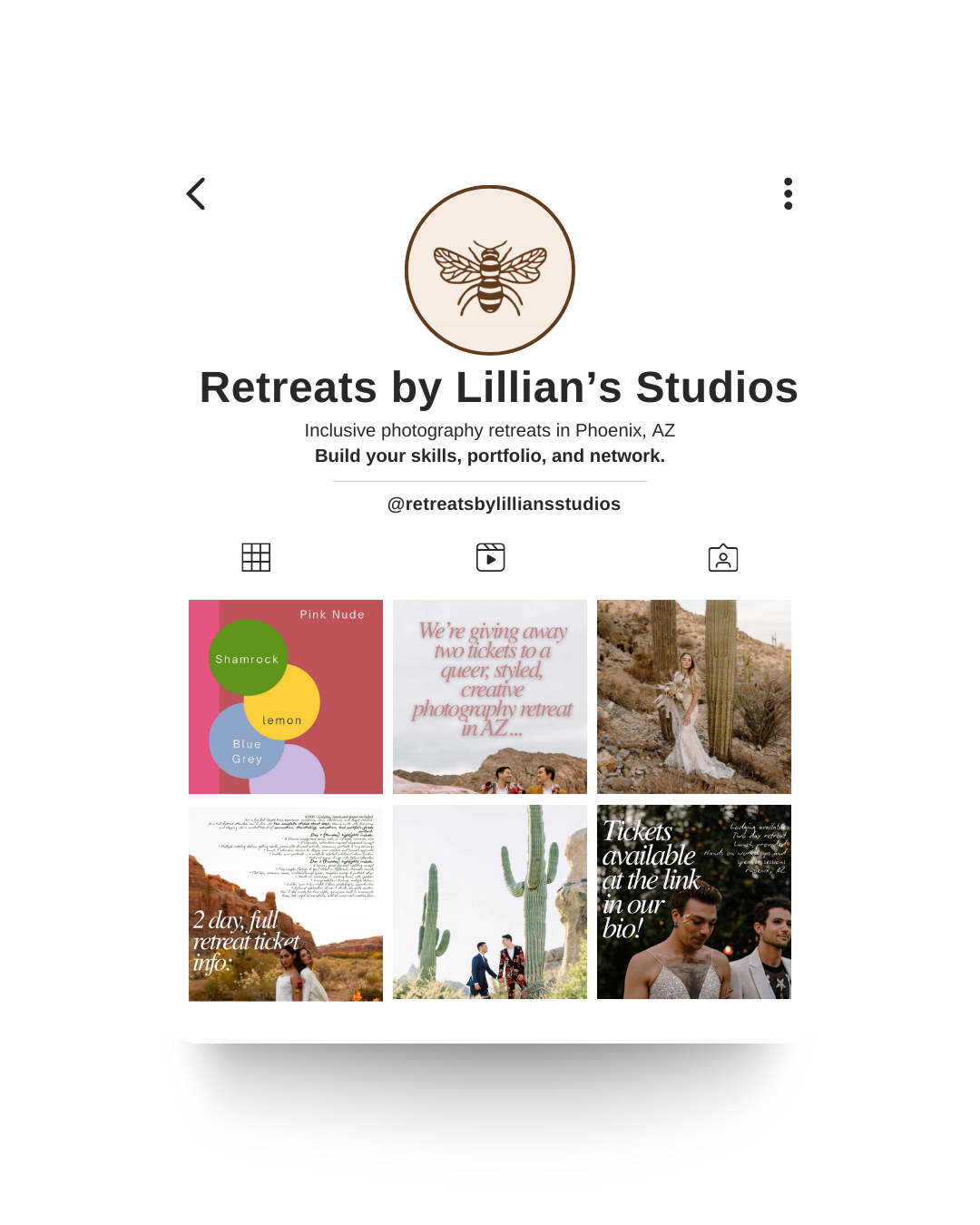 Instagram profile page for Retreats by Lillian's Studios with logo of a bee, promoting photography retreats in Phoenix, AZ, featuring images of desert landscapes, cacti, and people, with text about giveaway and ticket information.