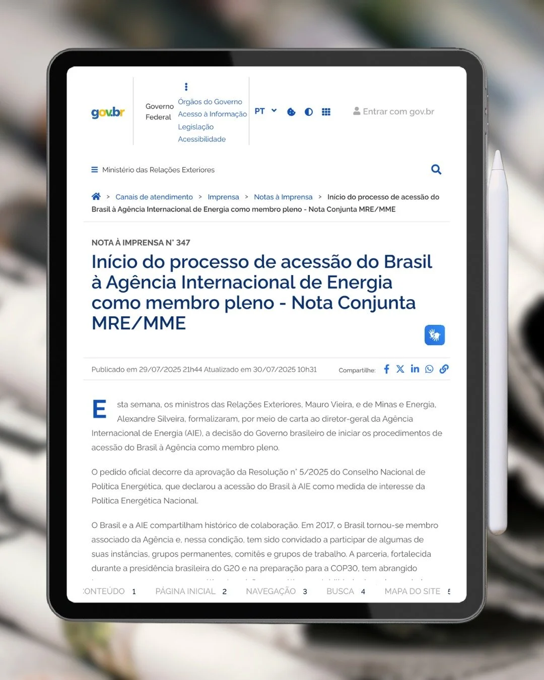 Voc&ecirc; viu?! No final de julho, o @govbr formalizou &agrave; @internationalenergyagency a sua decis&atilde;o de iniciar os procedimentos de acess&atilde;o do Brasil &agrave; Ag&ecirc;ncia como membro pleno. O pedido oficial decorre da aprova&cced
