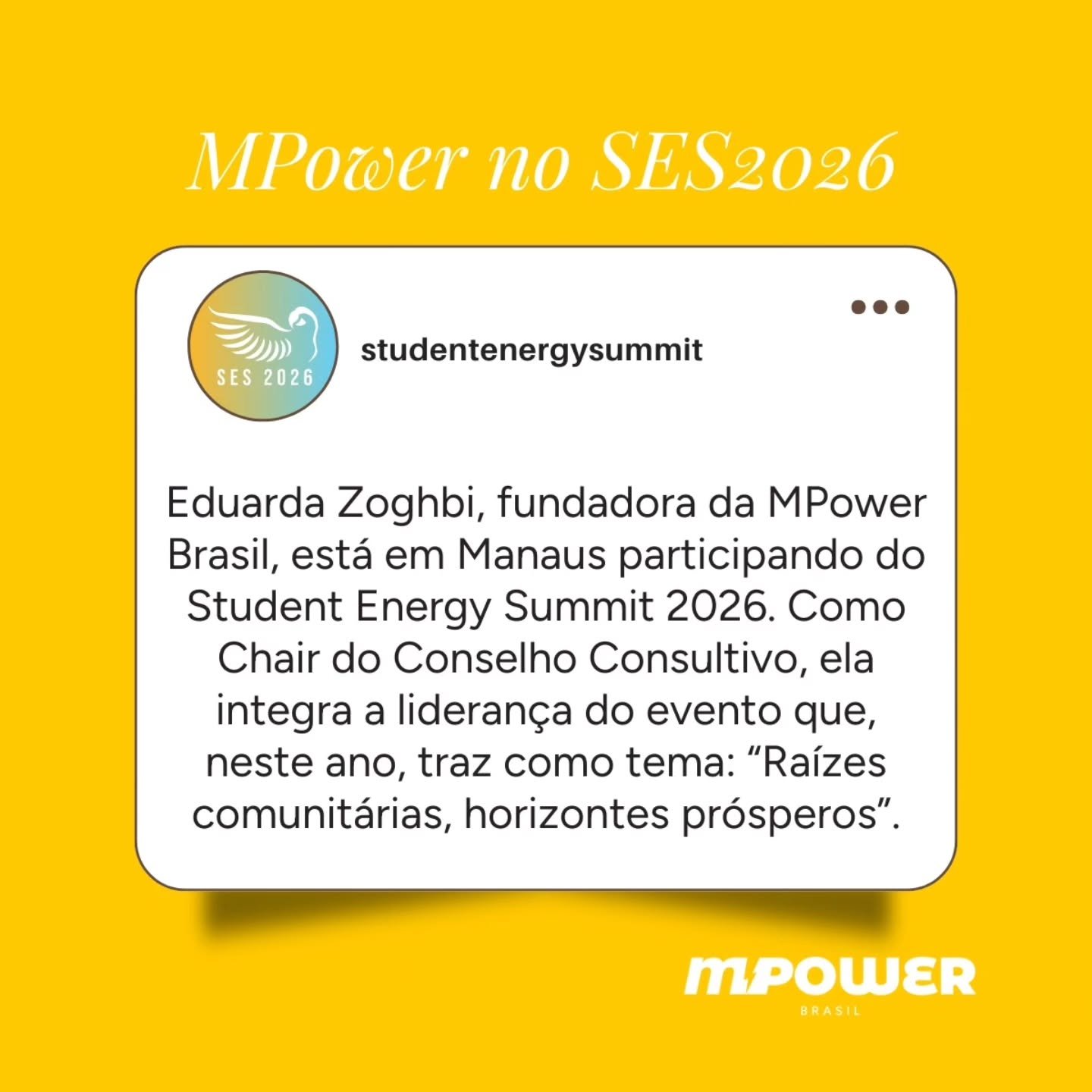 Nossa Fundadora, Eduarda Zoghbi, est&aacute; em Manaus para participar do @studentenergysummit . O SES 2026 &eacute; o maior evento de energia para jovens do mundo, reunindo 150 agentes de mudan&ccedil;a de todo o mundo para acelerar a transi&ccedil;