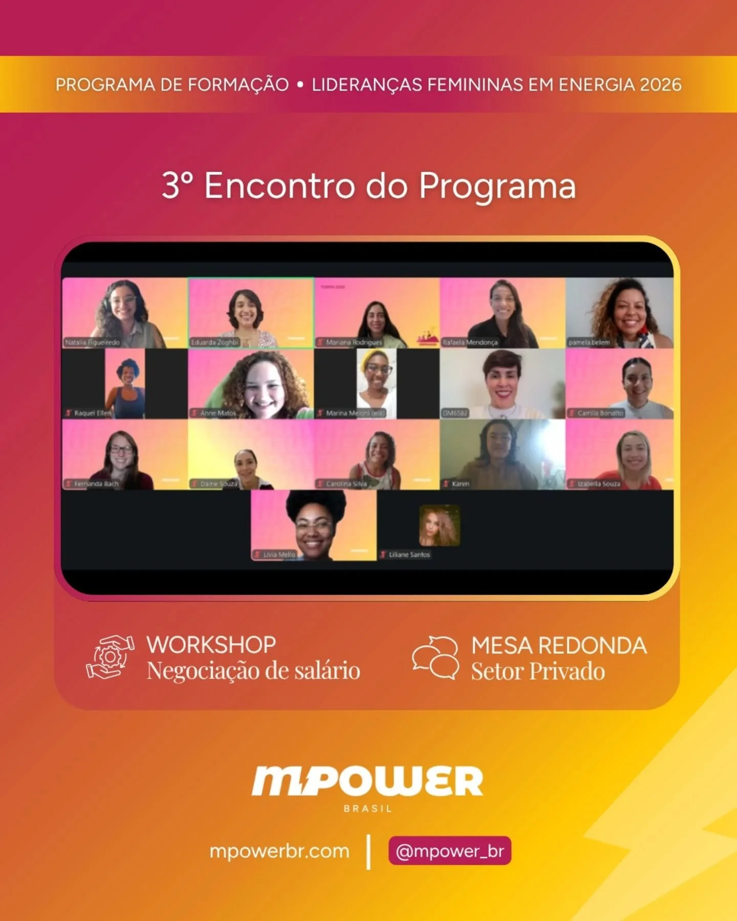 ⚡ Tivemos um final de semana muito inspirador!⚡

Nossa Turma de Lideran&ccedil;as Femininas em Energia realizou o 3&ordm; encontro do nosso programa de capacita&ccedil;&atilde;o, que incluiu uma mesa-redonda com mulheres especialistas do setor privad