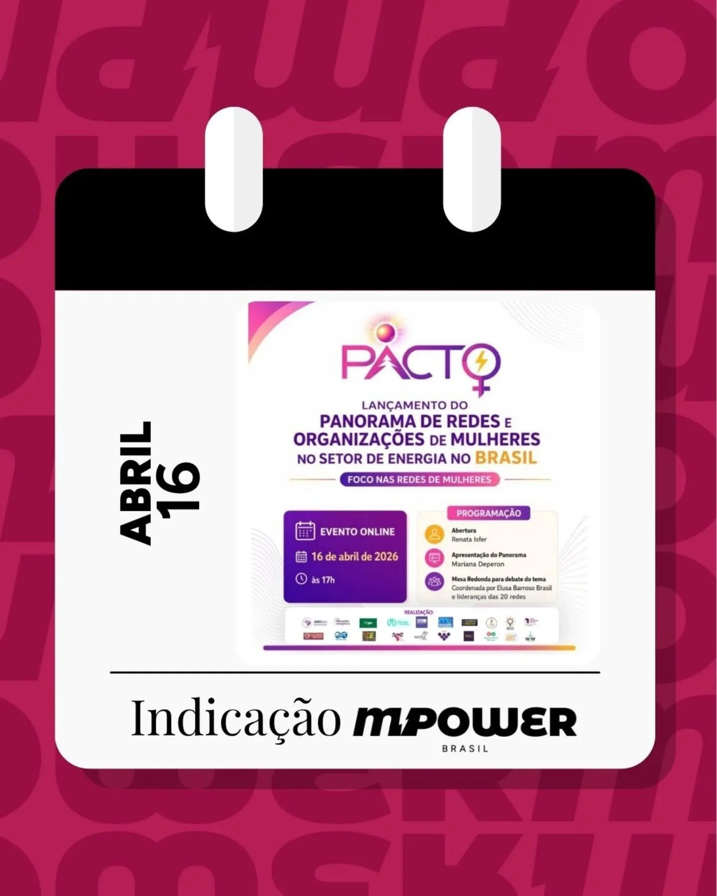 Indica&ccedil;&atilde;o #MpowerBR ⚡ &Eacute; daqui a pouco!!!

O PACTO promove o lan&ccedil;amento do Panorama de Redes e Organiza&ccedil;&otilde;es de Mulheres no Setor de Energia no Bras

O encontro ser&aacute; realizado on-line e reunir&aacute; li