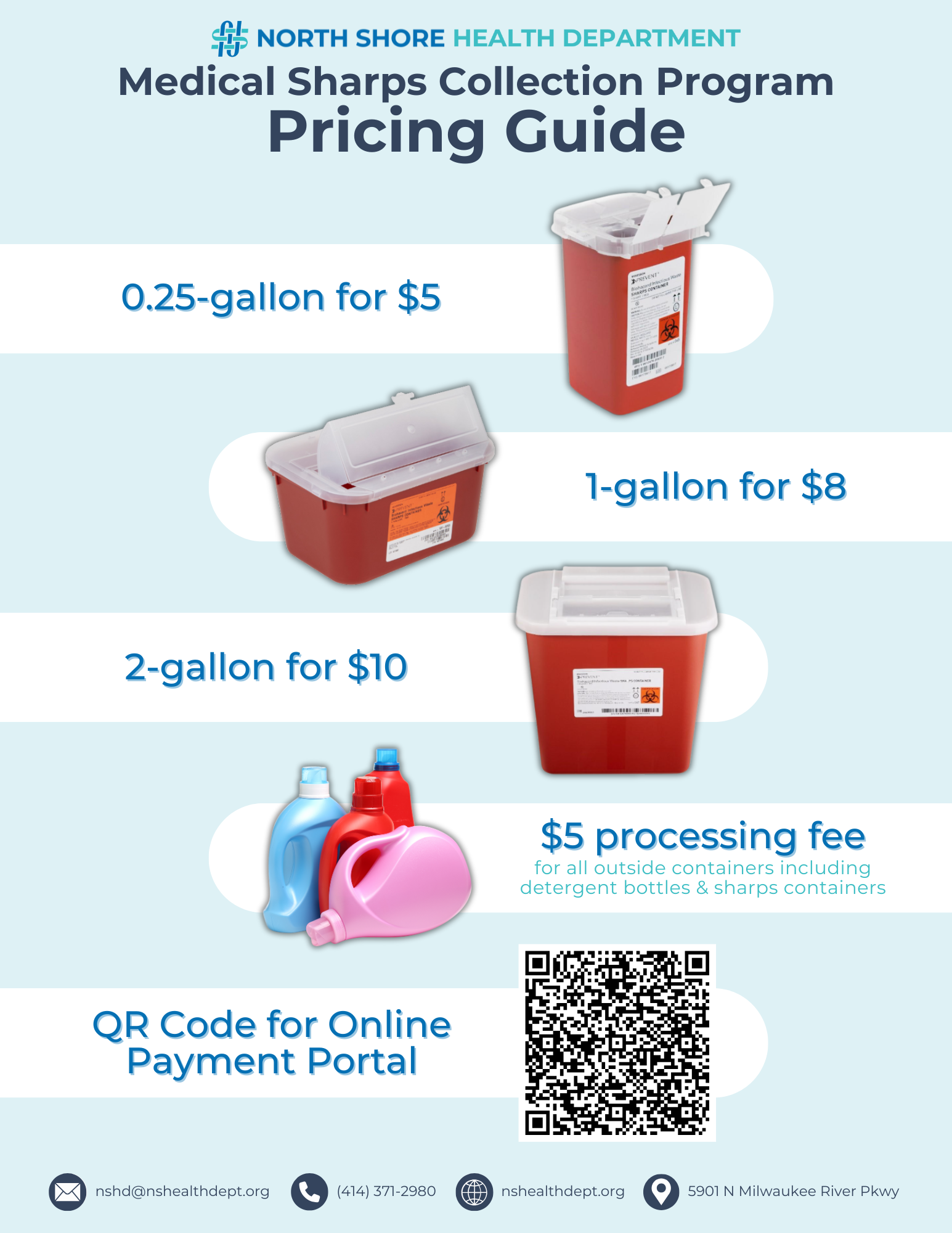 List of pricing for medical sharps drop off or container purchase.