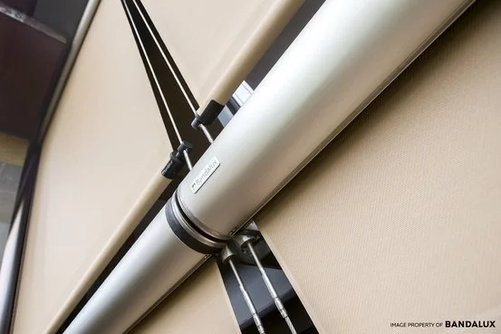 Beige fabric colour o box roller blind installed outside for perfect privacy.