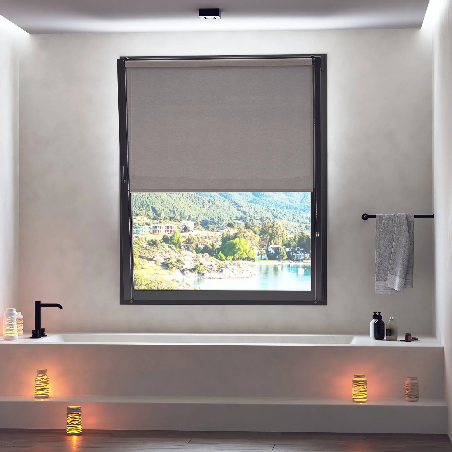 Tilted bathroom window with dark fabric fit roller blind for more privacy and style.