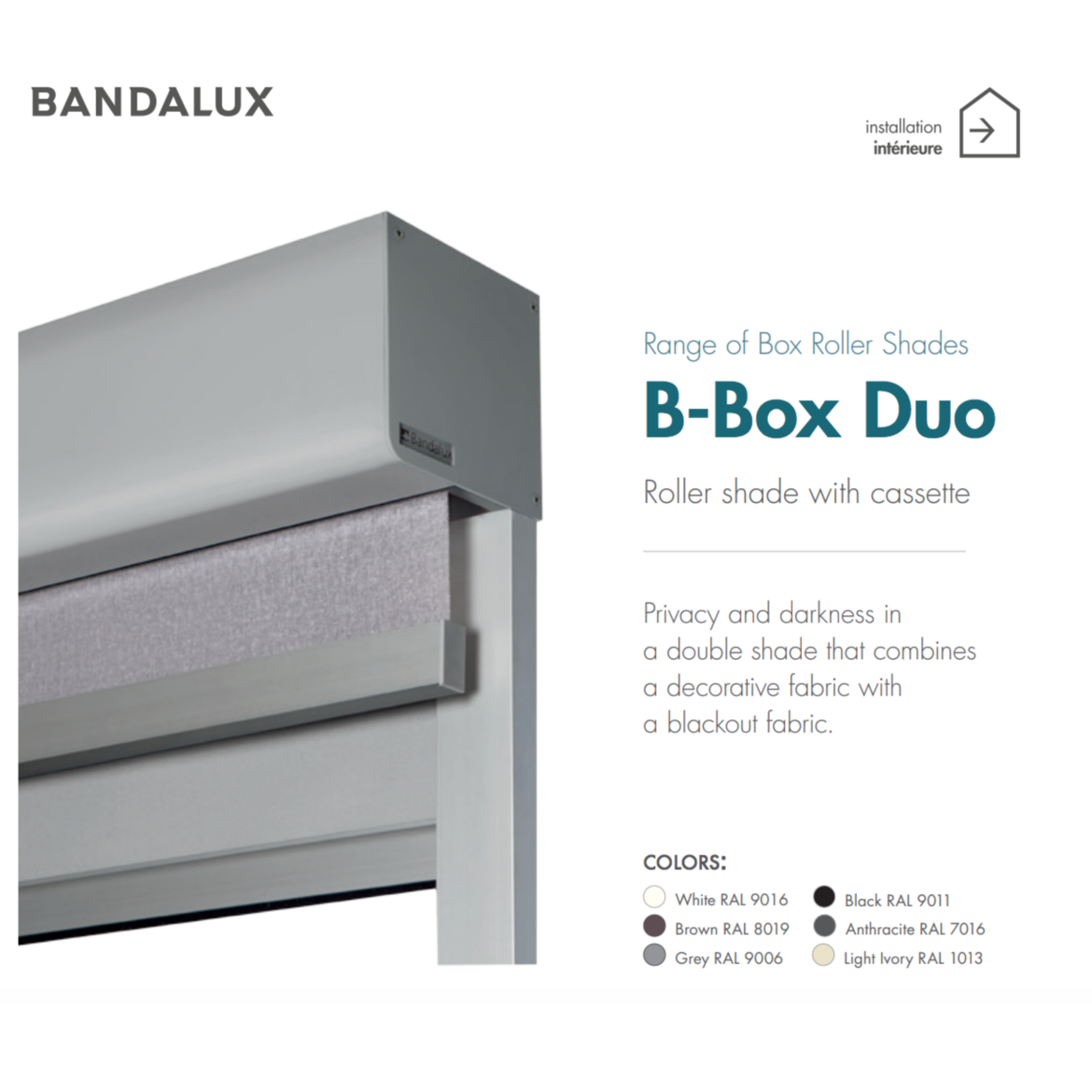 Details about fabric colour options for roller blinds from the b box duo range for indoor installation.
