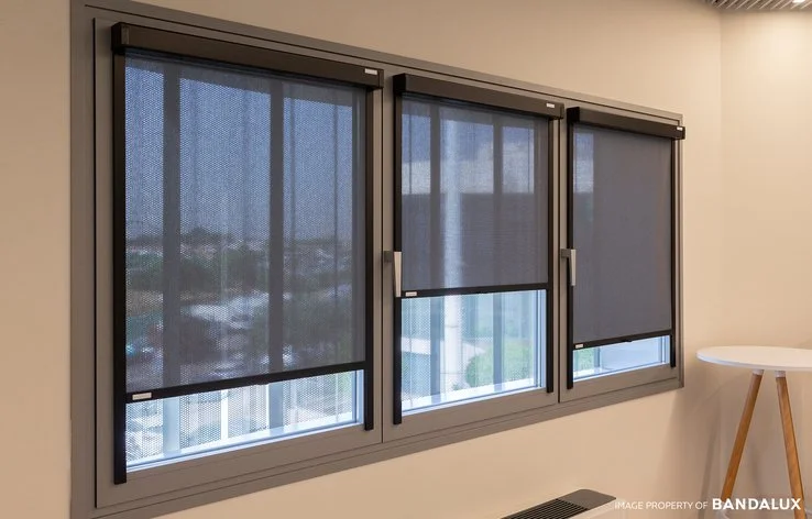 Black premium fit box blinds with easy to use electric motor.