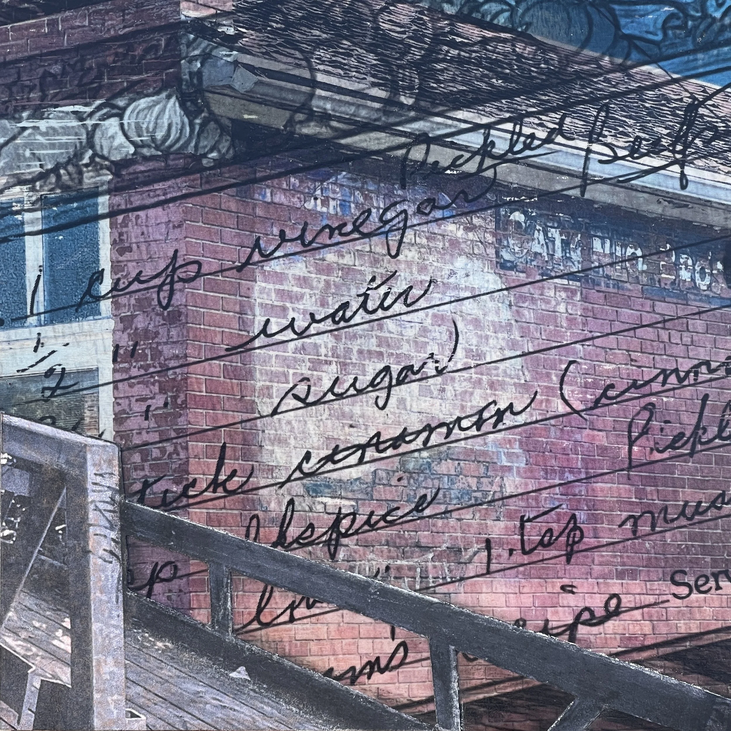 K. Thoreson. Catonio's.  Laser transfer and mixed media on birch. 2026