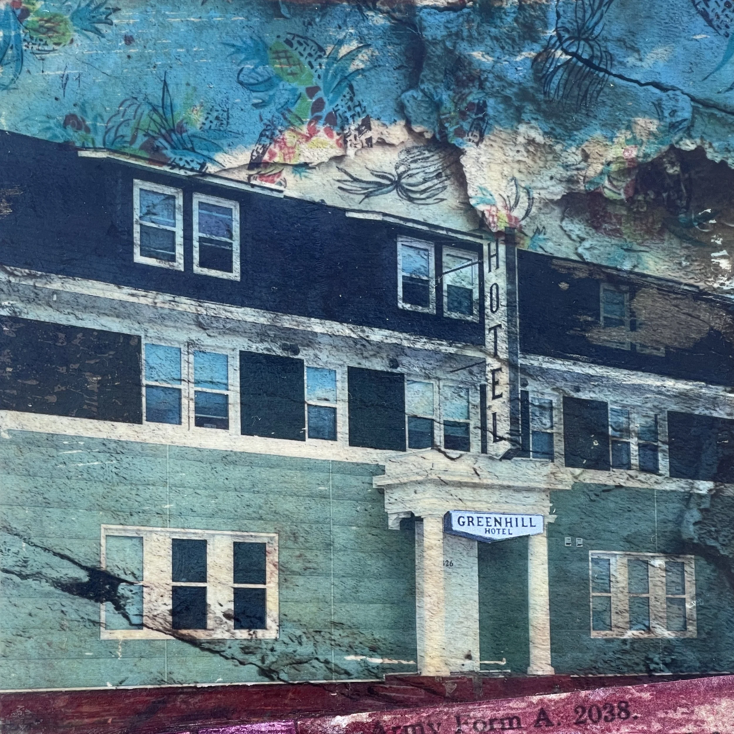 K. Thoreson. Greenhill.  Laser transfer and mixed media on birch. 2026