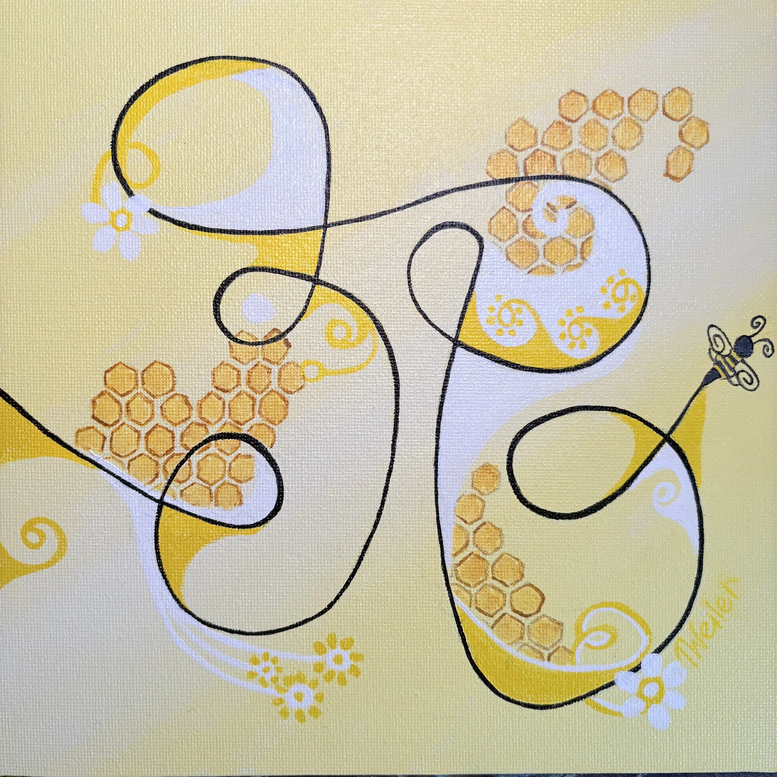 Yellow, black, white, acrylic painting, a stylized honey bee meanders through the flowers, whimsical, lyrical, line art, spirals, bee, bee hives, honeycomb