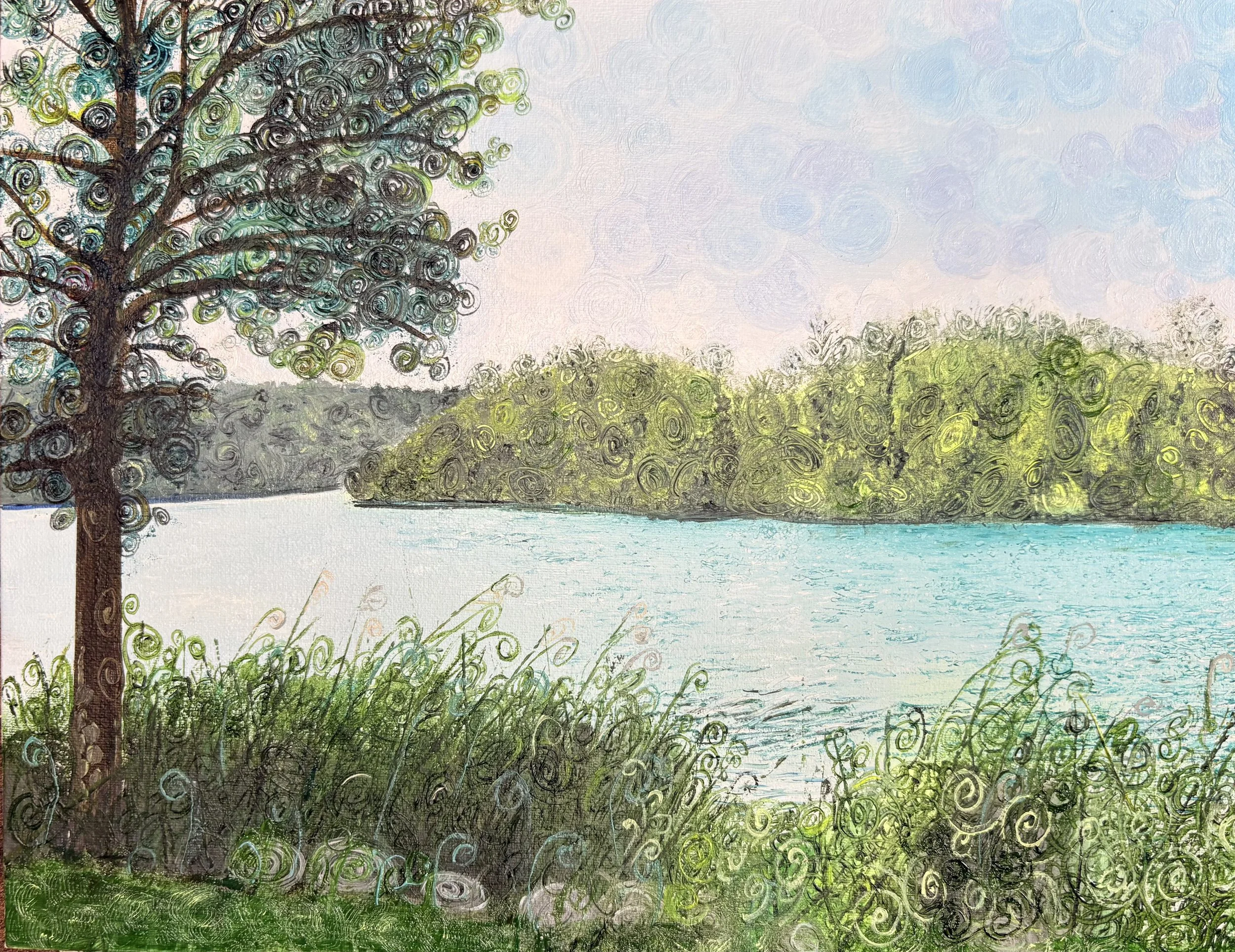 Oil painting of a landscape including hills, trees, shrubs, and a turquoise lake,  abstract, spirals
