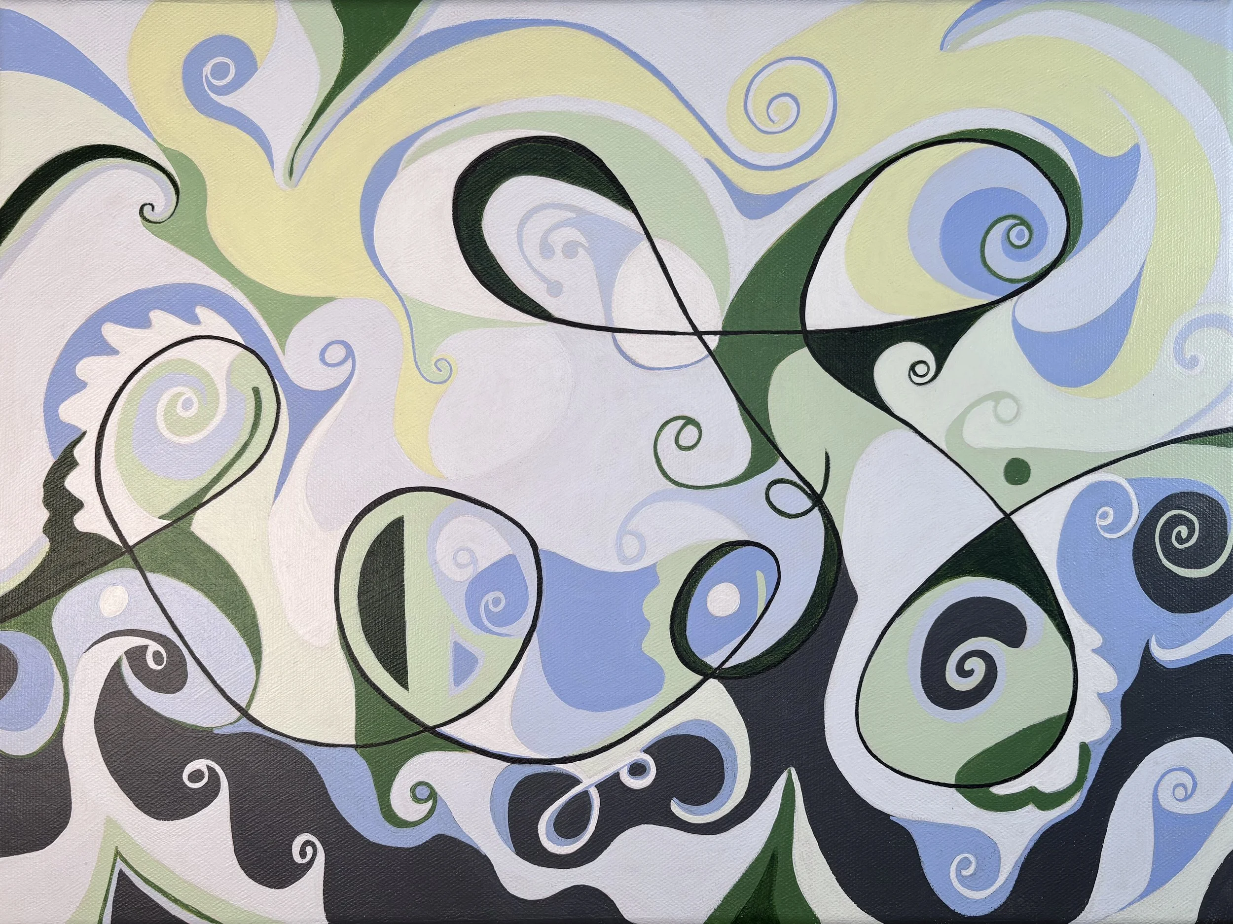 Jungle abstract, lizards, line art, whimsical, spirals, blue, green, yellow, hidden images, lyrical