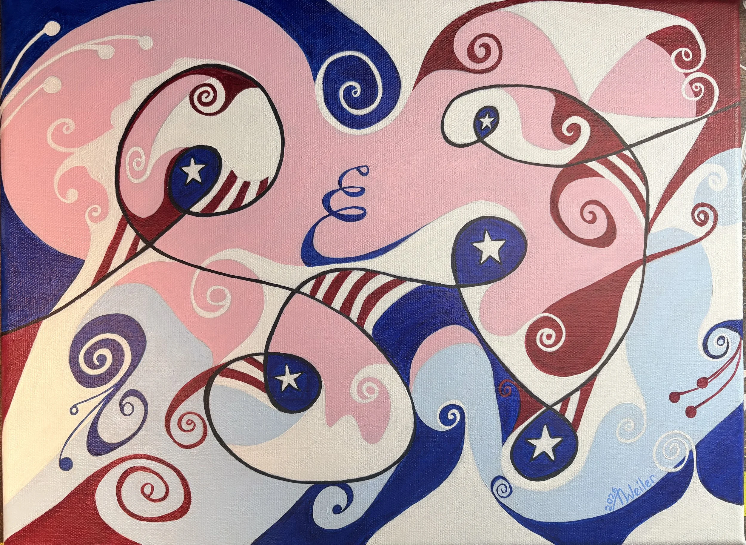 abstract, line art, whimsical, red, white and blue, American, Patriotic, American Flag, stars and stripes