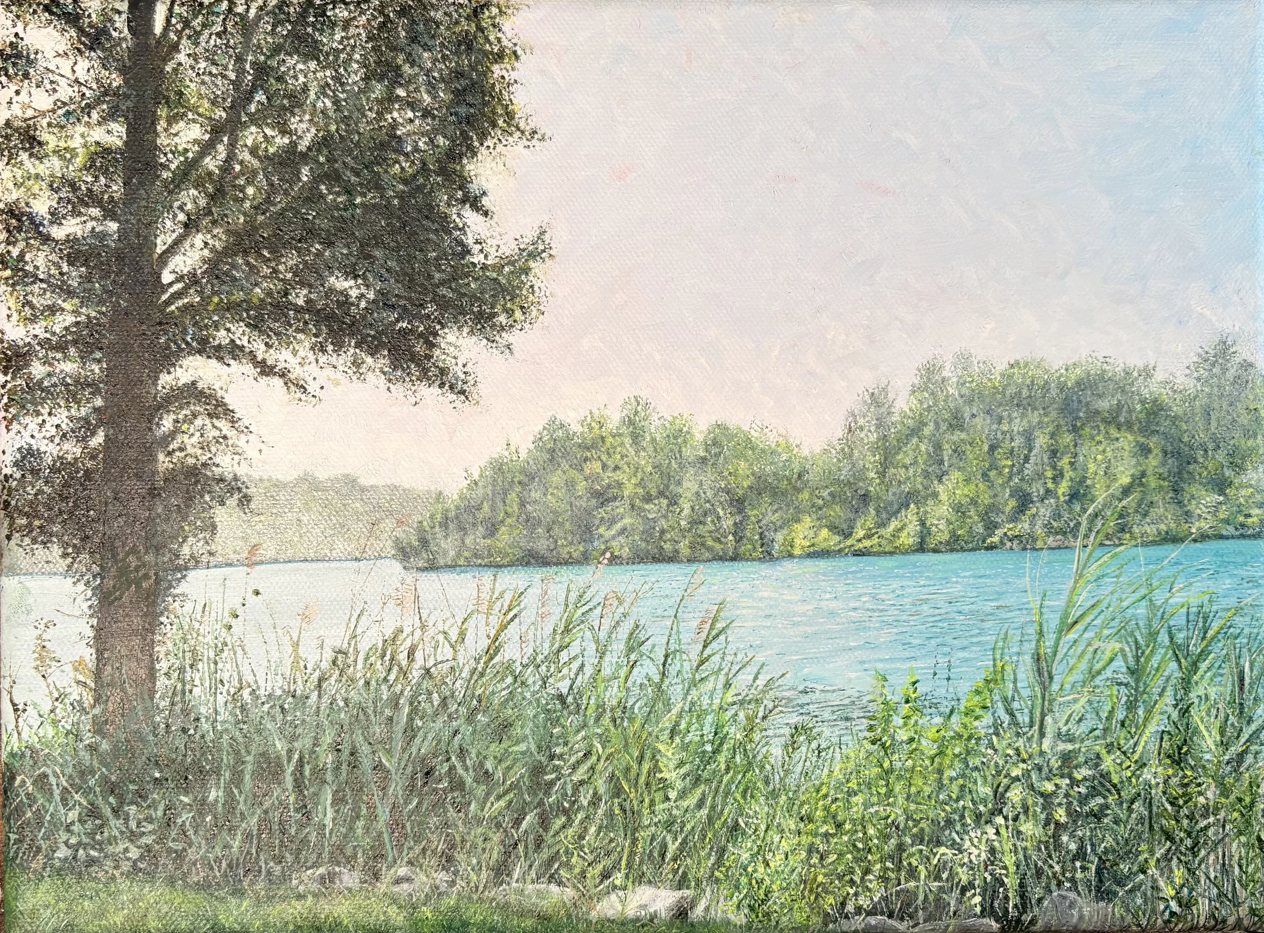 Oil painting of a landscape, Green Lakes State Park, Syracuse, NY,  background of rounded hills with a turquoise lake,  tree and shrubs in the foreground