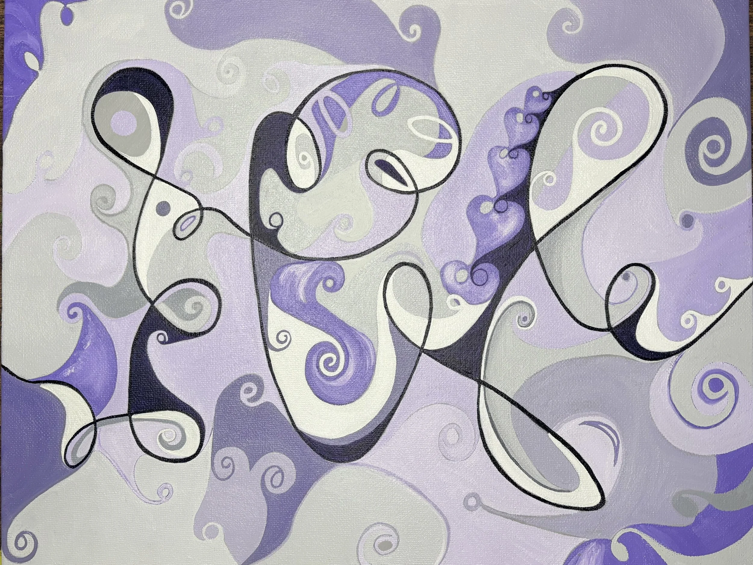 abstract oil painting, line art, black line loops across the canvas.  Swirls of lavender, purple, gray.  Whimsical