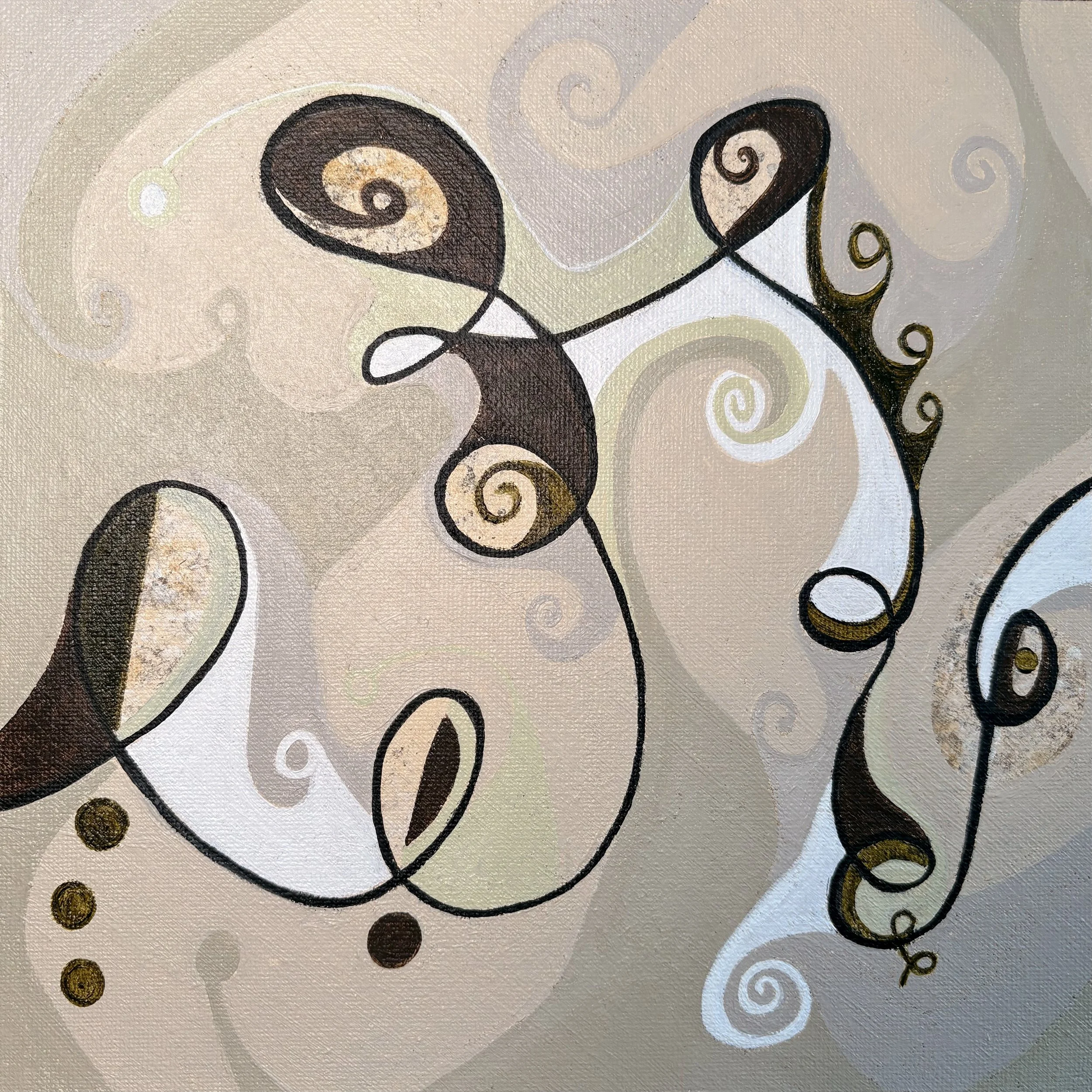 whimsical abstract in brown, tan, gray, and white.  The black line loops as it crosses the canvas from left to right.  Swirls of color.  Acrylic painting.