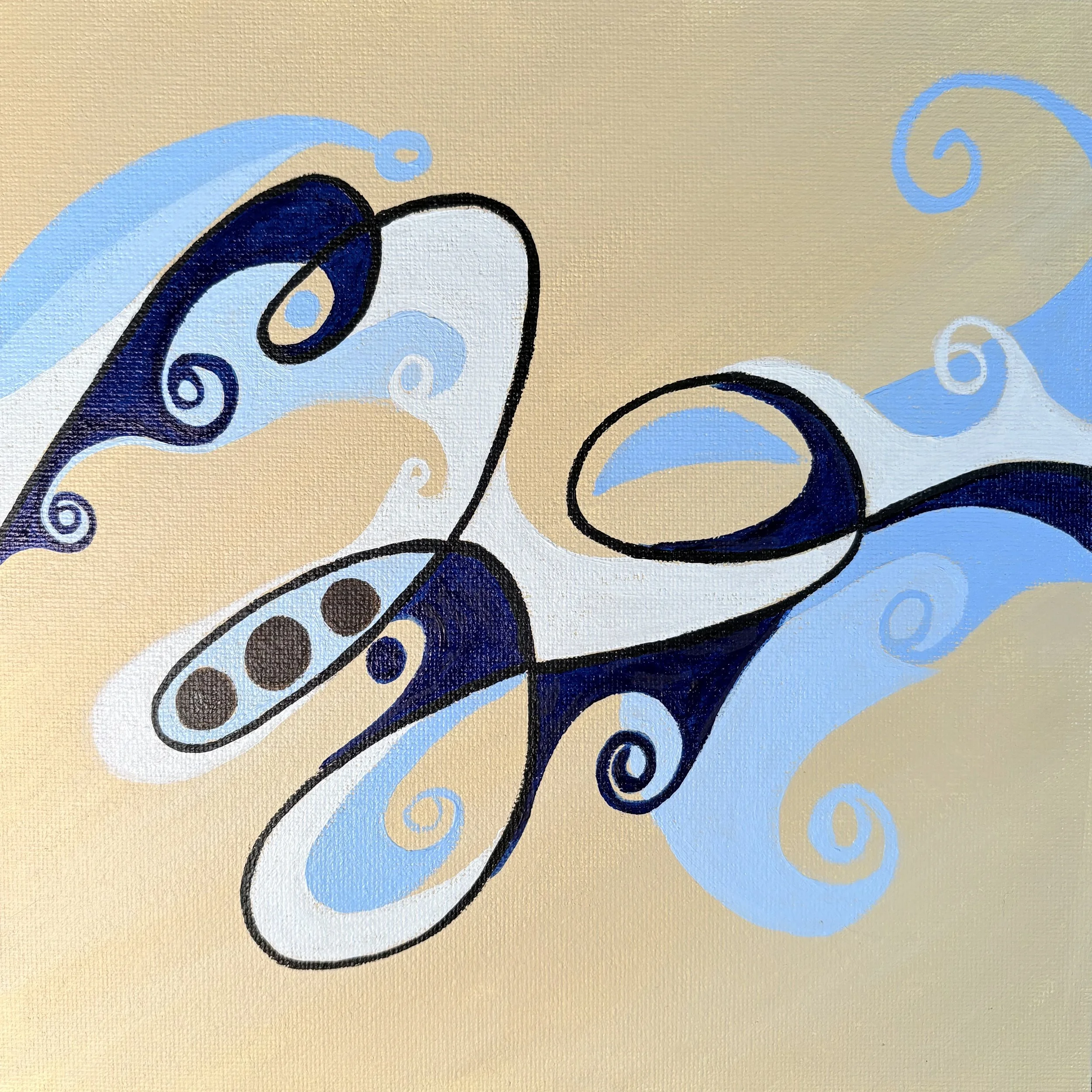 acrylic painting, tan background, line art, blue, light blue, dark blue swirls, whimsical