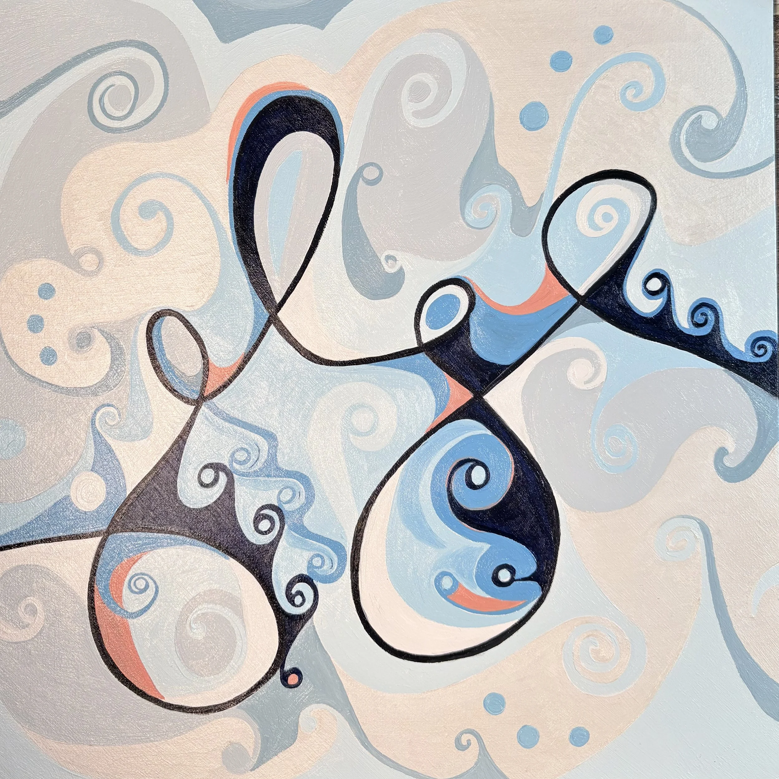 Whimsical abstract oil painting, line art, swirling colors of blue and peach, pink