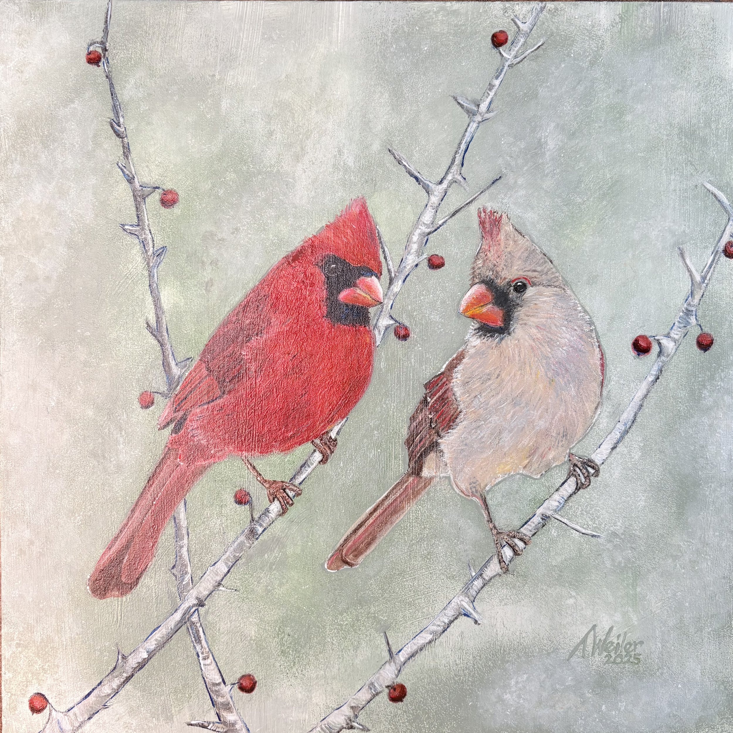 Male and Female Cardinals on branches of a tree.  Gray, green, and white background.  Modern realism, acrylic painting