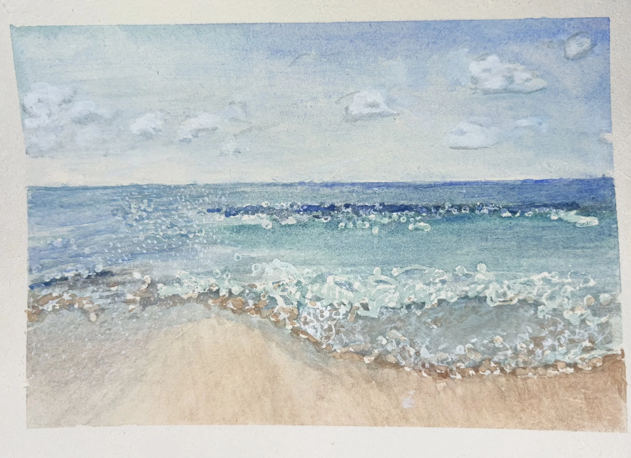 Watercolor seascape, beach landscape, blue waves, tan beach, Malibu California, Zuma Beach