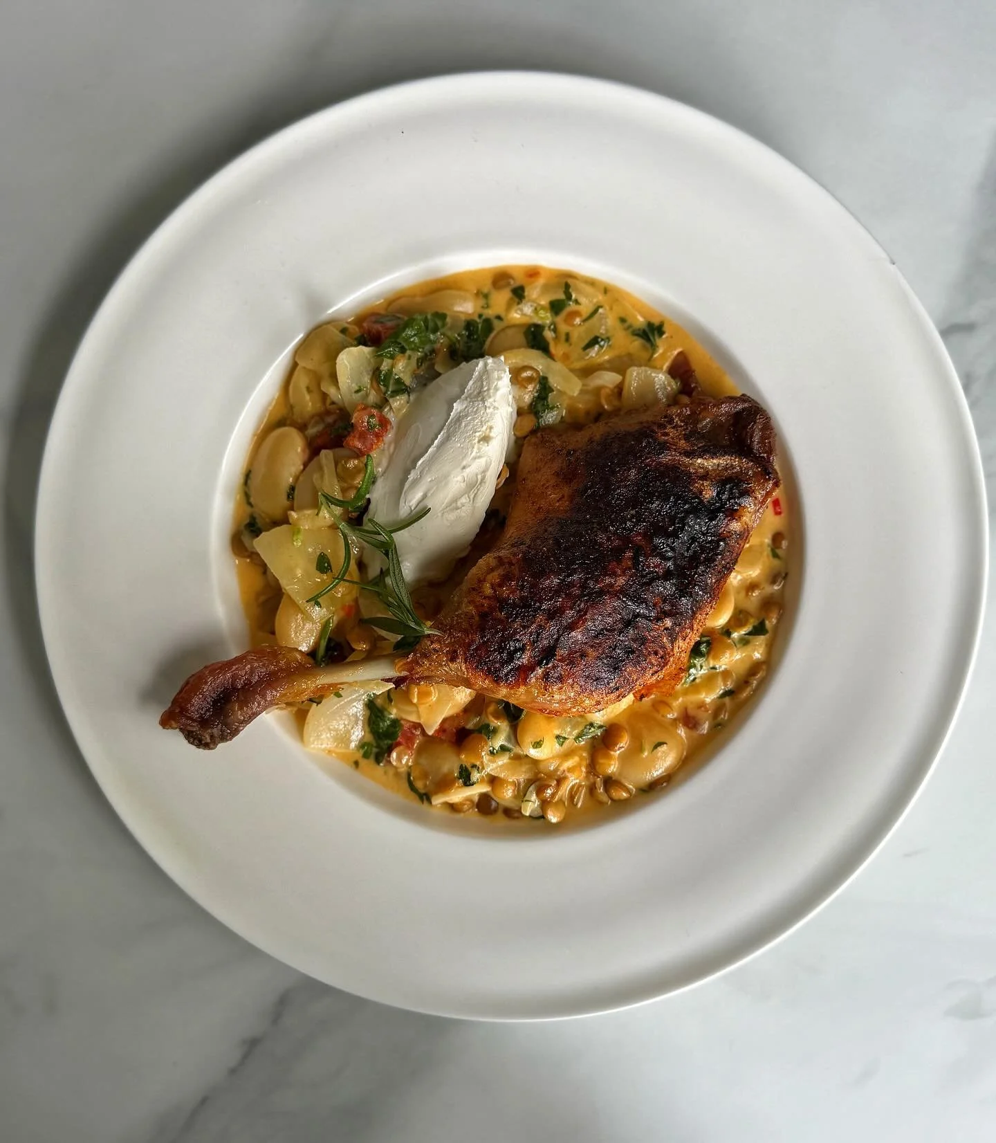 Confit duck, butter beans, chorizo, green lentils, mustard cream sauce 👌🏼🤘🏼
