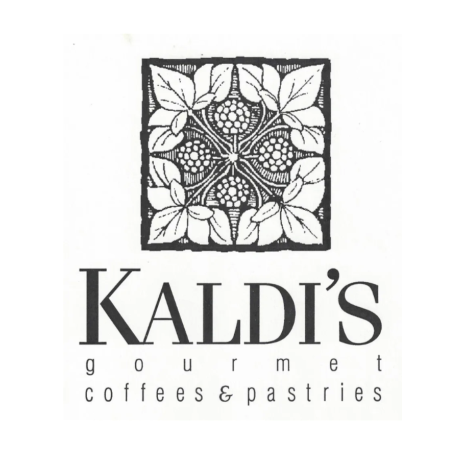 Logo for Kaldi's Gourmet, featuring a decorative black and white floral design and text that reads "Kaldi's Gourmet coffees & pastries."