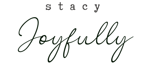Text artwork with the words ''stacy'' in small font, ''Joyfully'' in large script font.