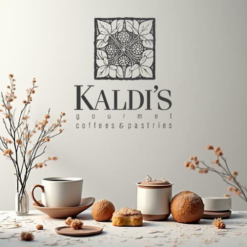 Kaldi's Gourmet coffee and pastries are displayed with cups, cookies, and flowers on a white table, with the logo on a plain wall in the background.