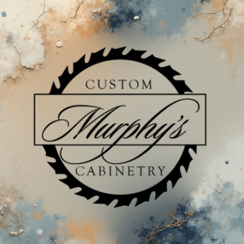 A logo for Murphy's Cabinetry with a circular saw blade design, featuring the text "Custom Murphy's Cabinetry" on a background with paint splatters and textured patterns.