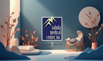 Interior of a medical clinic waiting area with a Saluda Medical Center Inc. sign on the wall, a comfortable chair, a couch with pillows, tall decorative plants, and a round wall decor piece.