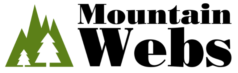 Mountain Webs logo with green mountain and trees illustration and bold black text