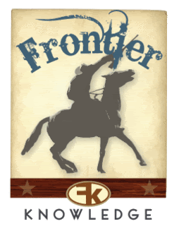 A sign with a silhouette of a man riding a horse, the word 'Fronteer' at the top, and the word 'KNOWLEDGE' with a logo at the bottom.