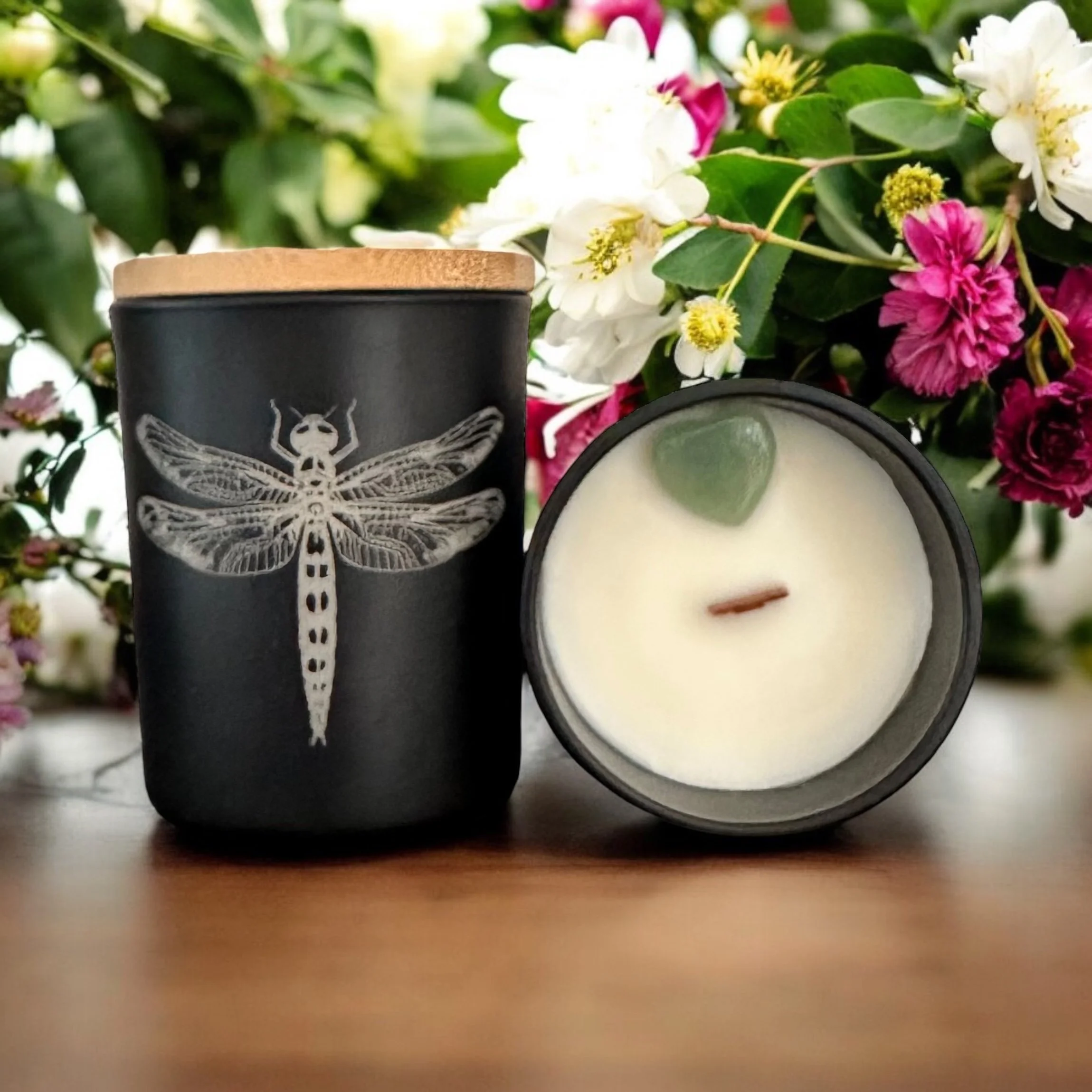 Dragonfly – Laser Engraved Wooden Wick Candle Wooden Wick (7oz) (Vanilla Santal & Shea)