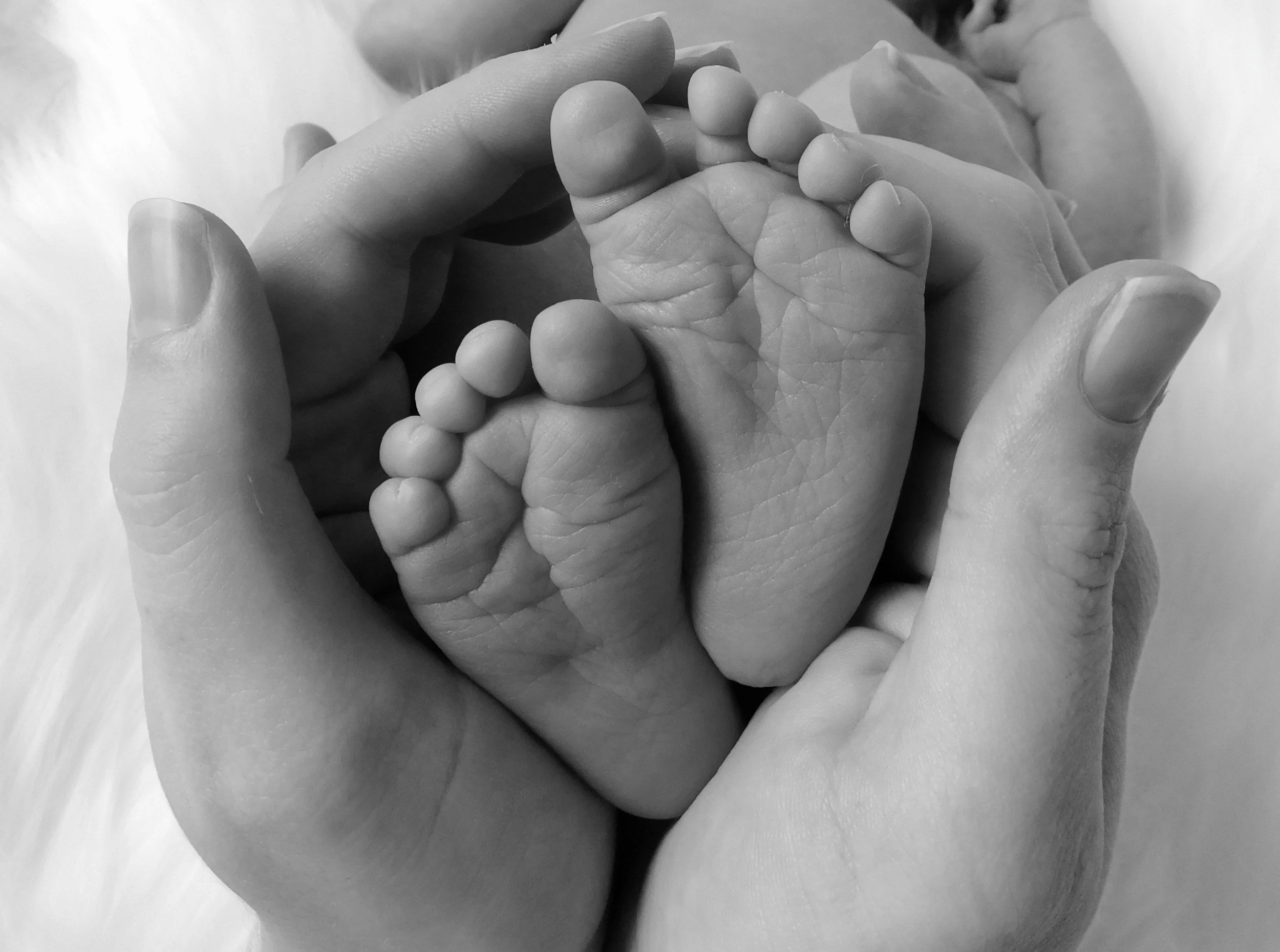 Black and white photo of an adult's hands gently holding two tiny baby feet, emphasizing tenderness and care.