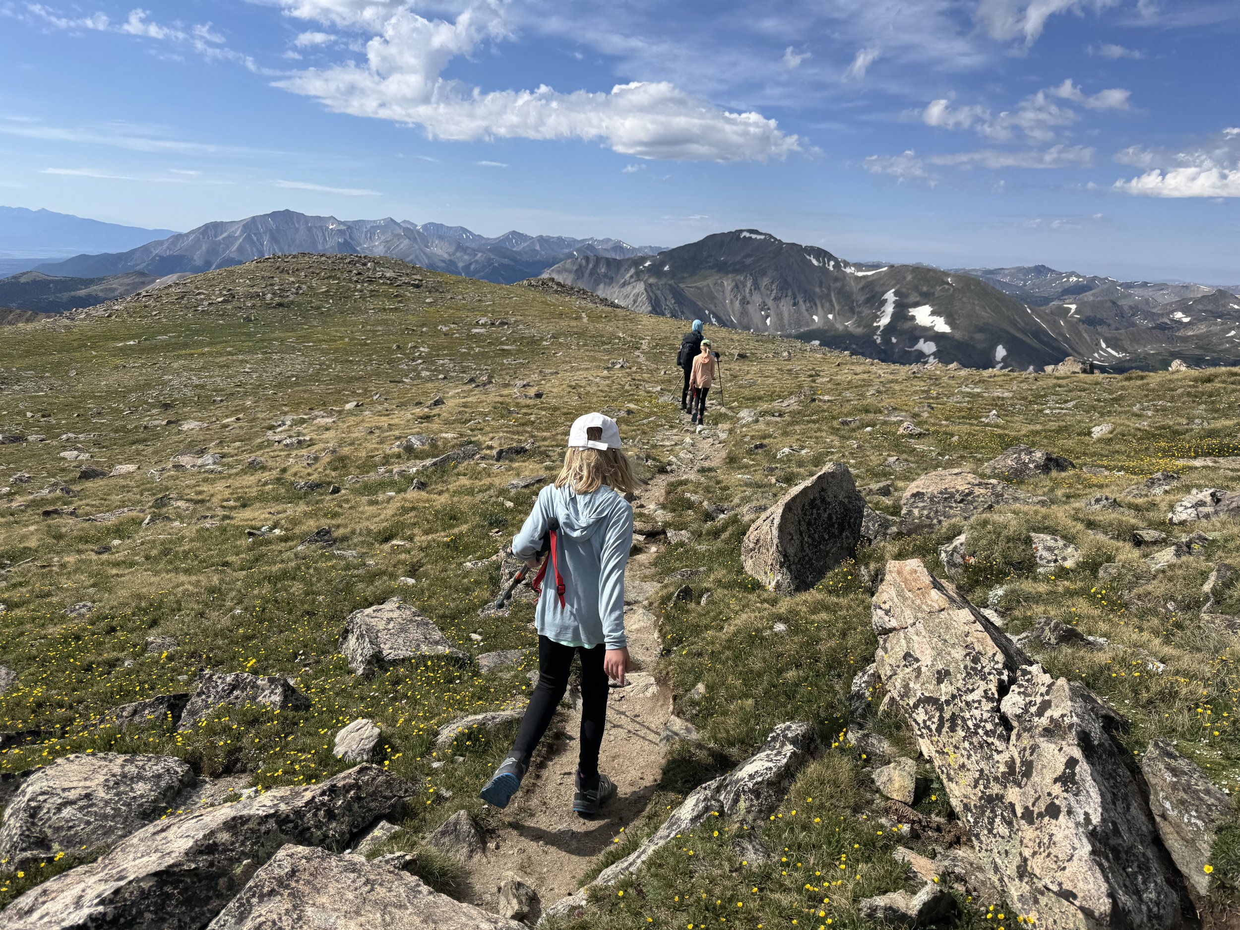 Four people hiking on an alpine mountain trail through a rocky, grassy landscape with distant mountain peaks in the background and a blue sky.