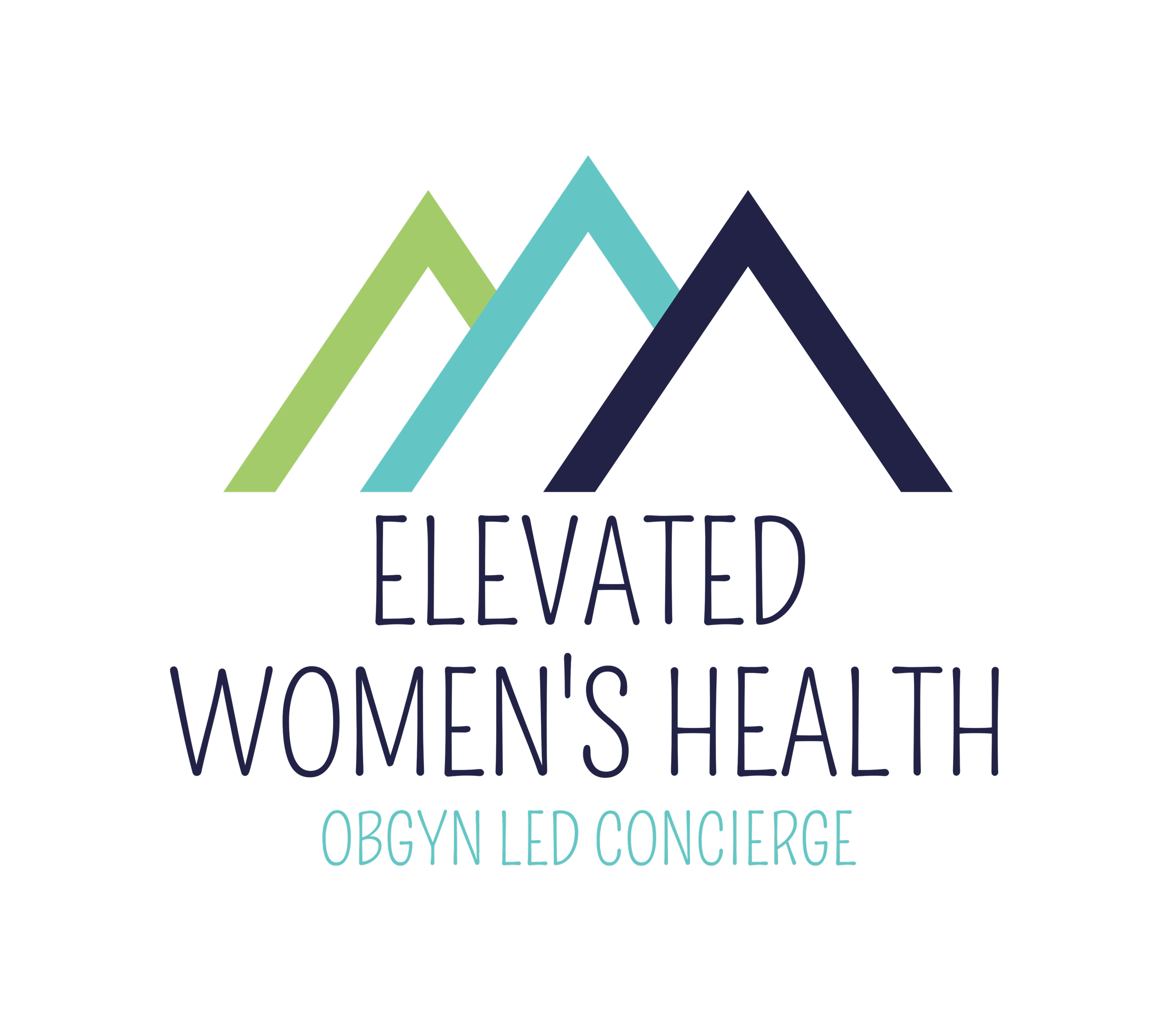 Logo for Elevated Women's Health with three stylized mountain peaks in green, teal, and navy, and the text 'Elevated Women's Health OB-GYN Led Concierge' beneath.