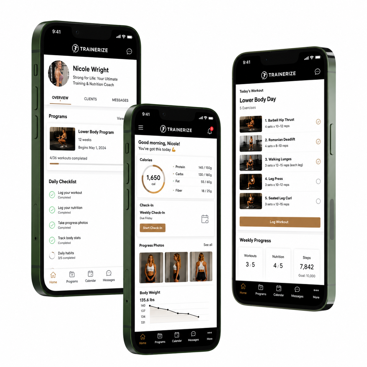 Screenshot of a mobile fitness coaching app called Trainize showing user Nicole Wright's profile, workout plans, daily checklist, calorie tracking, weekly progress, and workout program details.