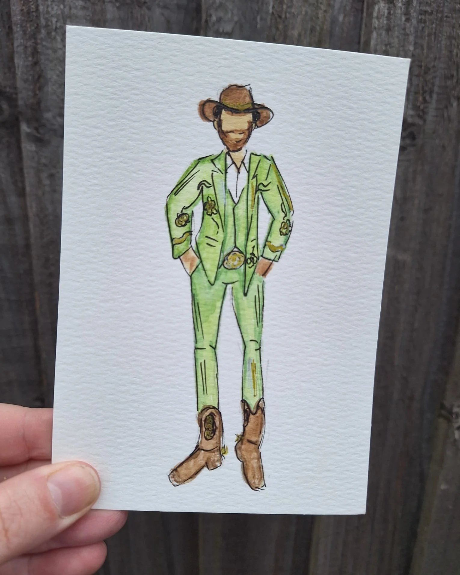 A green cowboy suit at a wedding&hellip; 🤠💚
Bold choice &mdash; but we love it.

One of the best parts of live illustrations is capturing all the amazing outfits our guests wear on the day.

The question is&hellip; could you pull it off?

#cowboy #