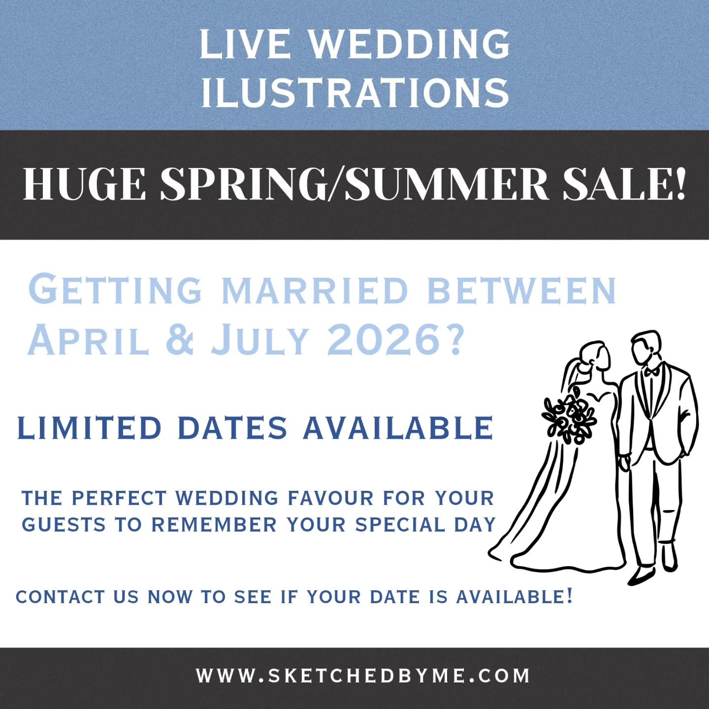 💍 Getting married between April and July 2026?

We&rsquo;re running a huge summer sale on our live wedding illustrations!

Your guests will be illustrated live at your wedding and take home a beautiful personalised keepsake 🤍 

✨ Limited spring &am