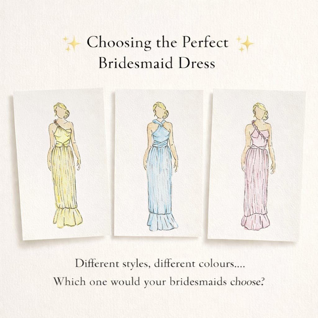 One of our  illustrations of three stunning bridesmaid dresses ✨

What would your bridesmaids choose to wear? 💐👗

#Bridesmaids #WeddingInspiration #BridalParty #WeddingStyle #BridesmaidDresses #SayYesToTheDress #WeddingVibes #ModernBride #WeddingPl