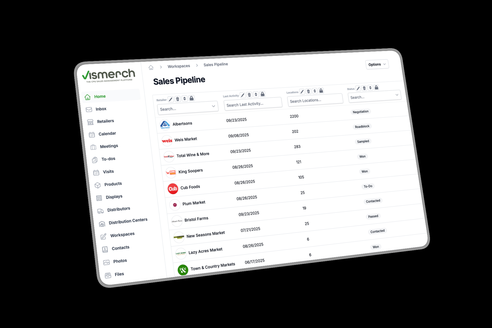 Screenshot of a sales pipeline dashboard from Vismerech platform, showing retailer names, last activity dates, locations, and status for various grocery stores.