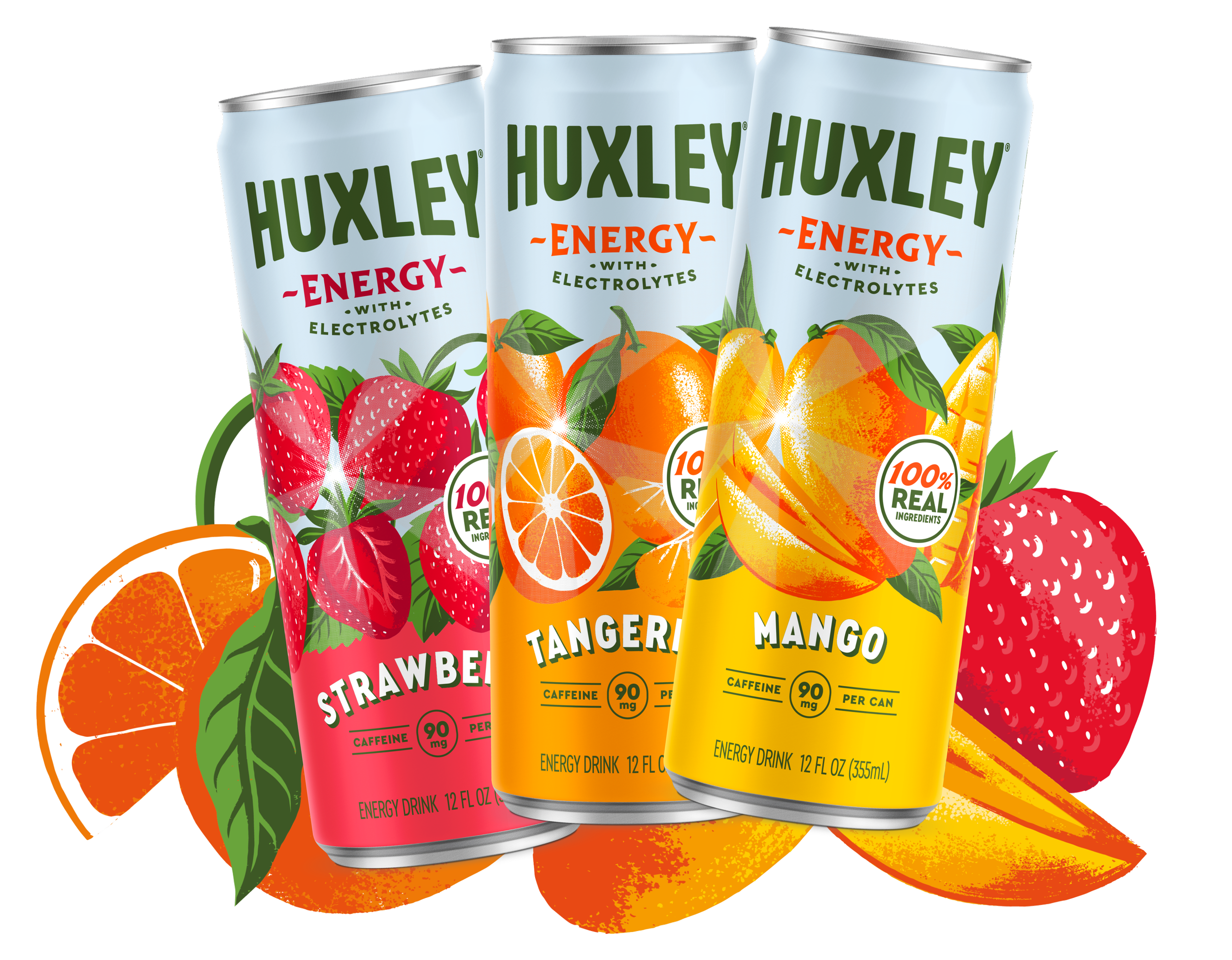 Three cans of Huxley Energy drinks with fruit illustrations, including strawberry, tangerine, and mango, surrounded by actual fruit slices matching the flavors.
