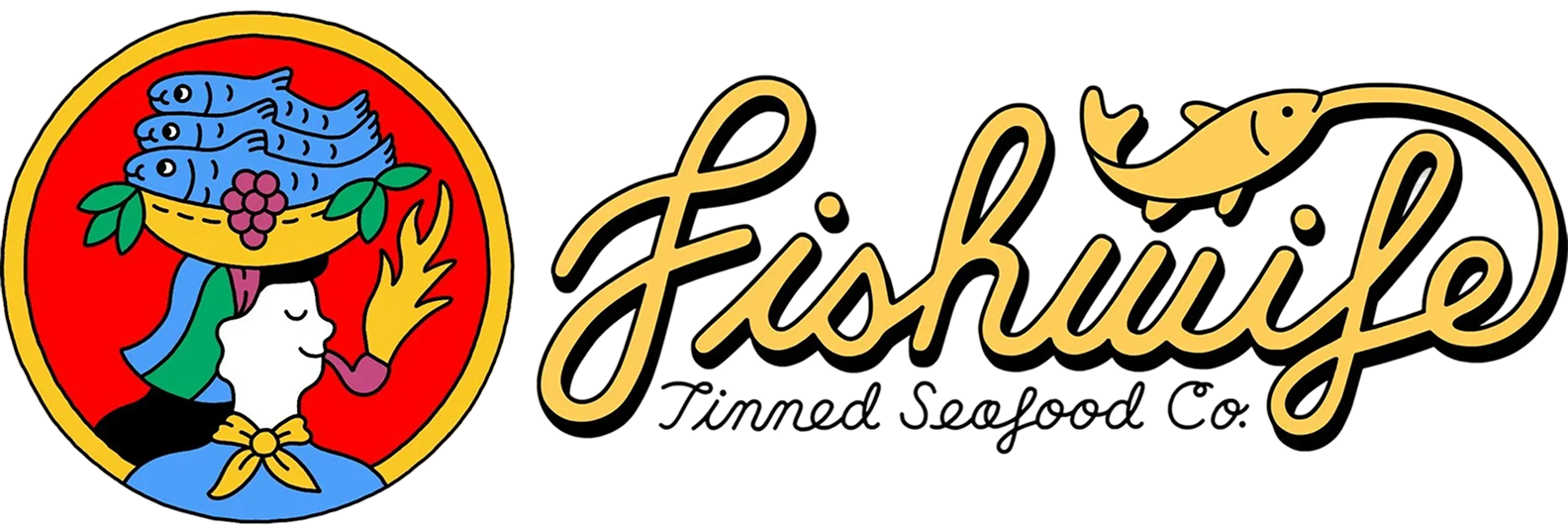 Logo for Fishuke, featuring a stylized woman with long hair, a headband, and a yellow scarf, with a bowl of fish on her head and a fish integrated into the text.