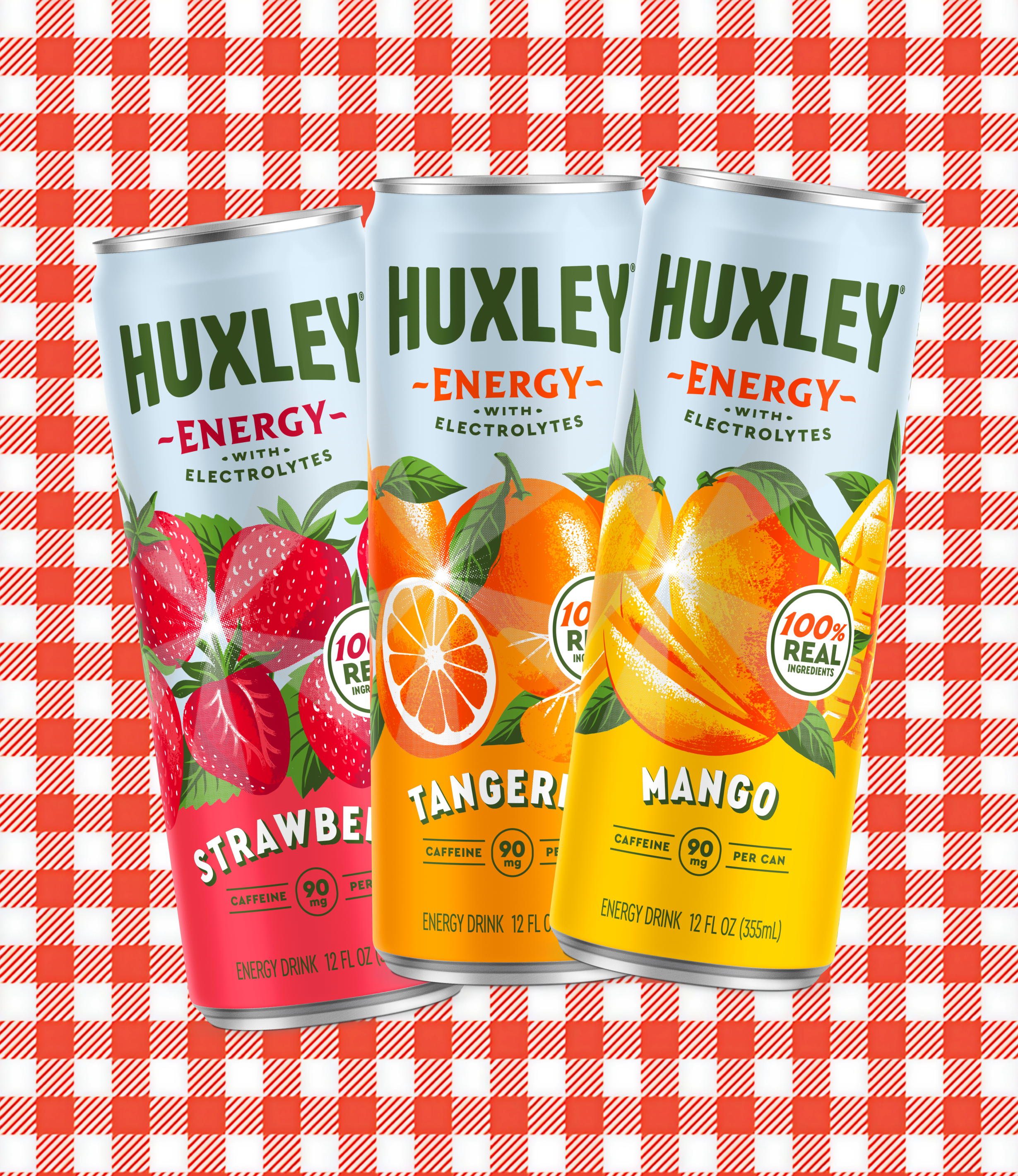 Three cans of Huxley Energy drinks with fruit flavors strawberry, tangerine, and mango, set against a red and white checkered background.