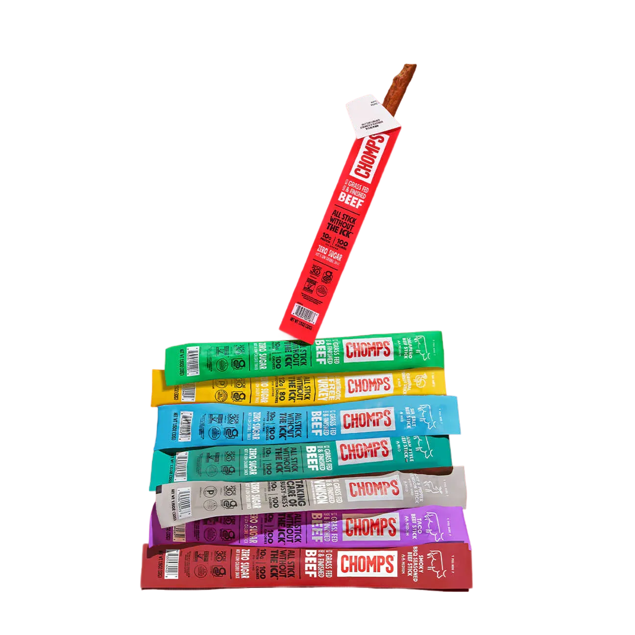 A stack of six packages of Chomps grass-fed beef snack sticks, arranged in a pyramid with one package at the top and five at the bottom, each in different colored packaging with labels showing product details and branding.